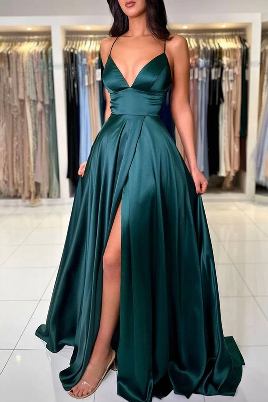 Regal Satin A-Line Plunge-Neck Lace-Up Floor Length Prom Dress