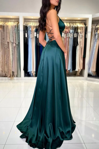 Glamorous Satin A-Line Plunge-Neck Lace-Up Back Floor Length Prom Gown