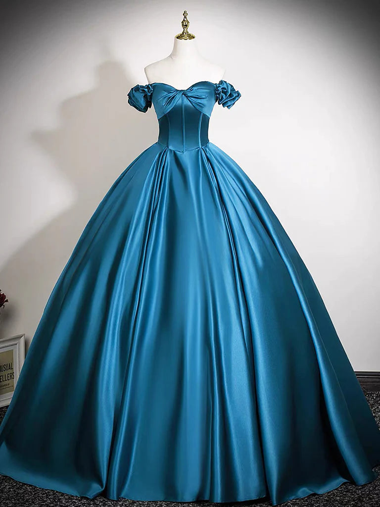 Regal Satin Ball Gown Off-the-Shoulder Ruffled Sleeve Corset Floor-Length Prom Dress