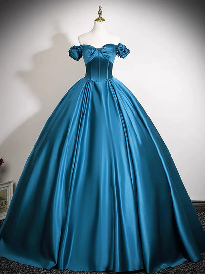 Regal Satin Ball Gown Off-the-Shoulder Ruffled Sleeve Corset Floor-Length Prom Dress