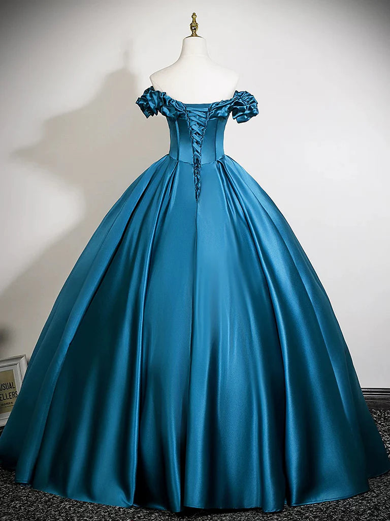 Regal Satin Ball Gown Off-the-Shoulder Ruffled Sleeve Corset Floor-Length Prom Dress