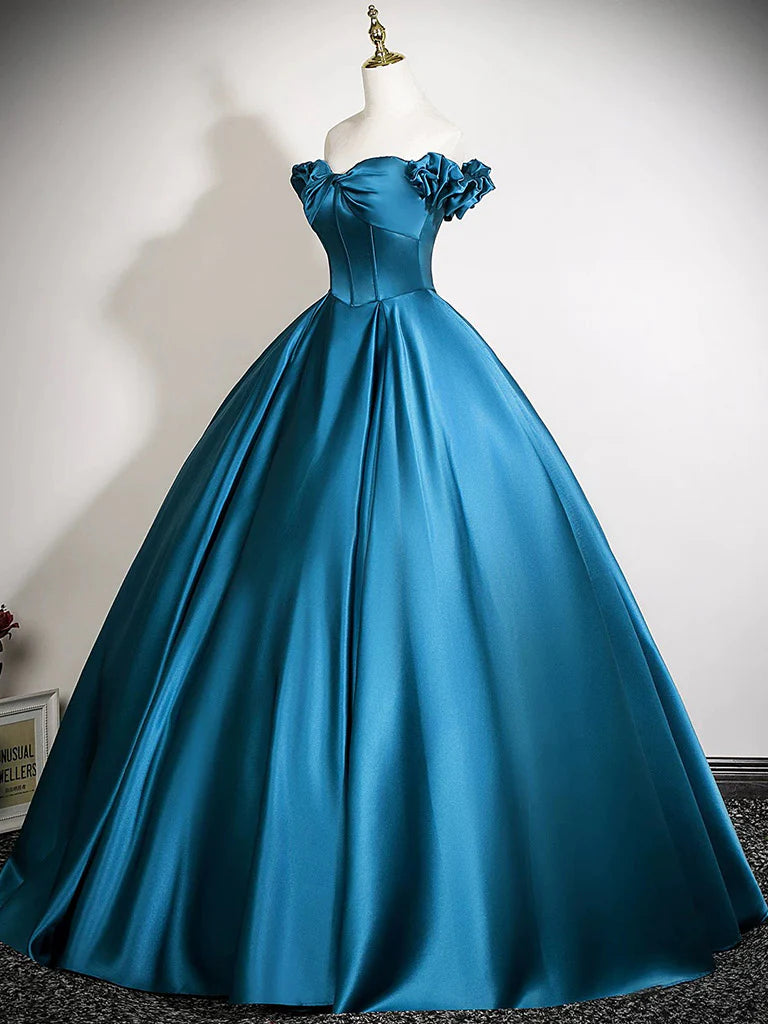 Regal Satin Ball Gown Off-the-Shoulder Ruffled Sleeve Corset Floor-Length Prom Dress