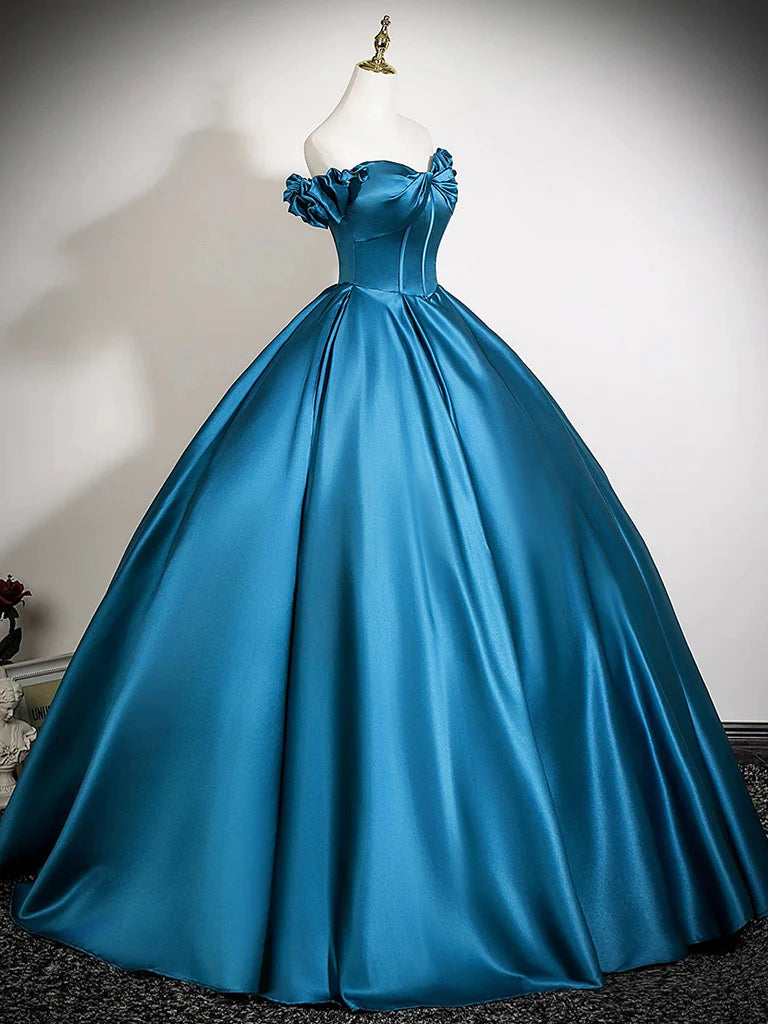 Regal Satin Ball Gown Off-the-Shoulder Ruffled Sleeve Corset Floor-Length Prom Dress