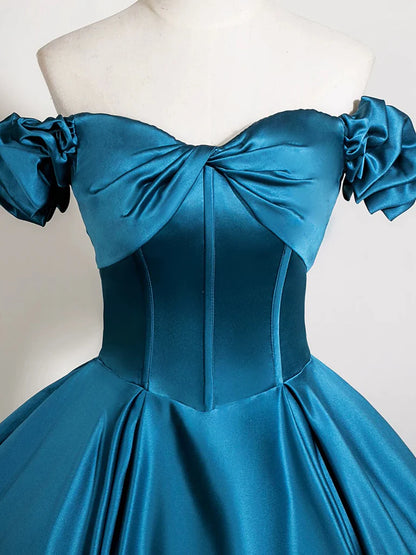 Regal Satin Ball Gown Off-the-Shoulder Ruffled Sleeve Corset Floor-Length Prom Dress