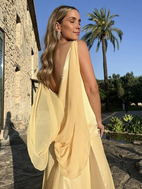 Elegant Satin Chiffon V-Neck Draped-Sash Floor-Length Spaghetti-Strap Prom Dress