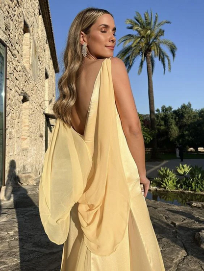 Elegant Satin Chiffon V-Neck Draped-Sash Floor-Length Spaghetti-Strap Prom Dress