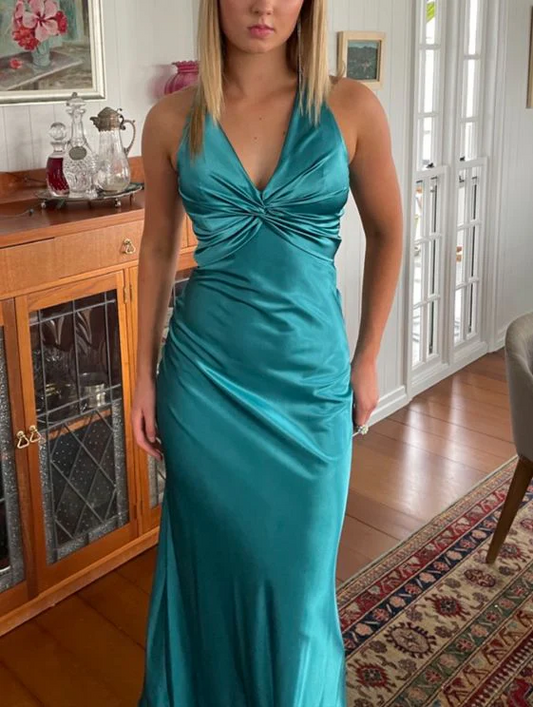 Regal Satin Halter-Neck Twist-Bodice Open-Back Bow Floor Length Prom Dress