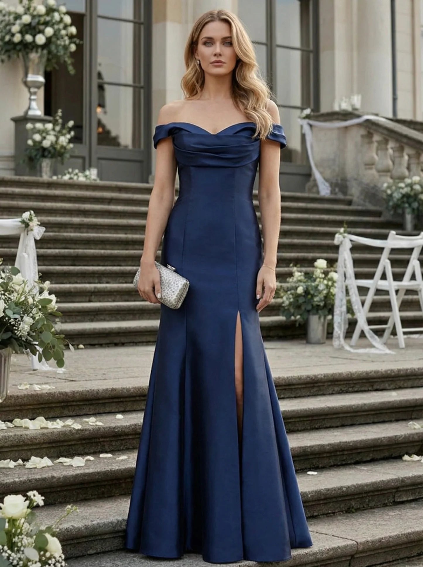 Regal Satin Mermaid Off-Shoulder Fold-Over High-Slit Floor-Length Evening Dress