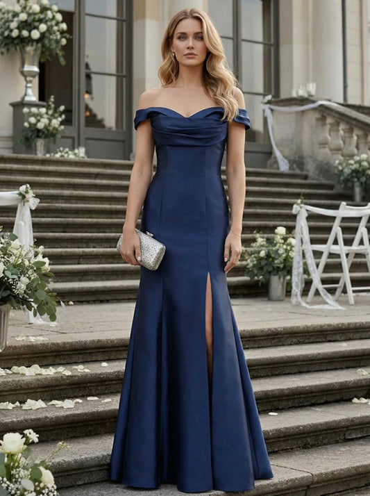 Regal Satin Mermaid Off-the-Shoulder Fold-Over Floor Length Evening Dress