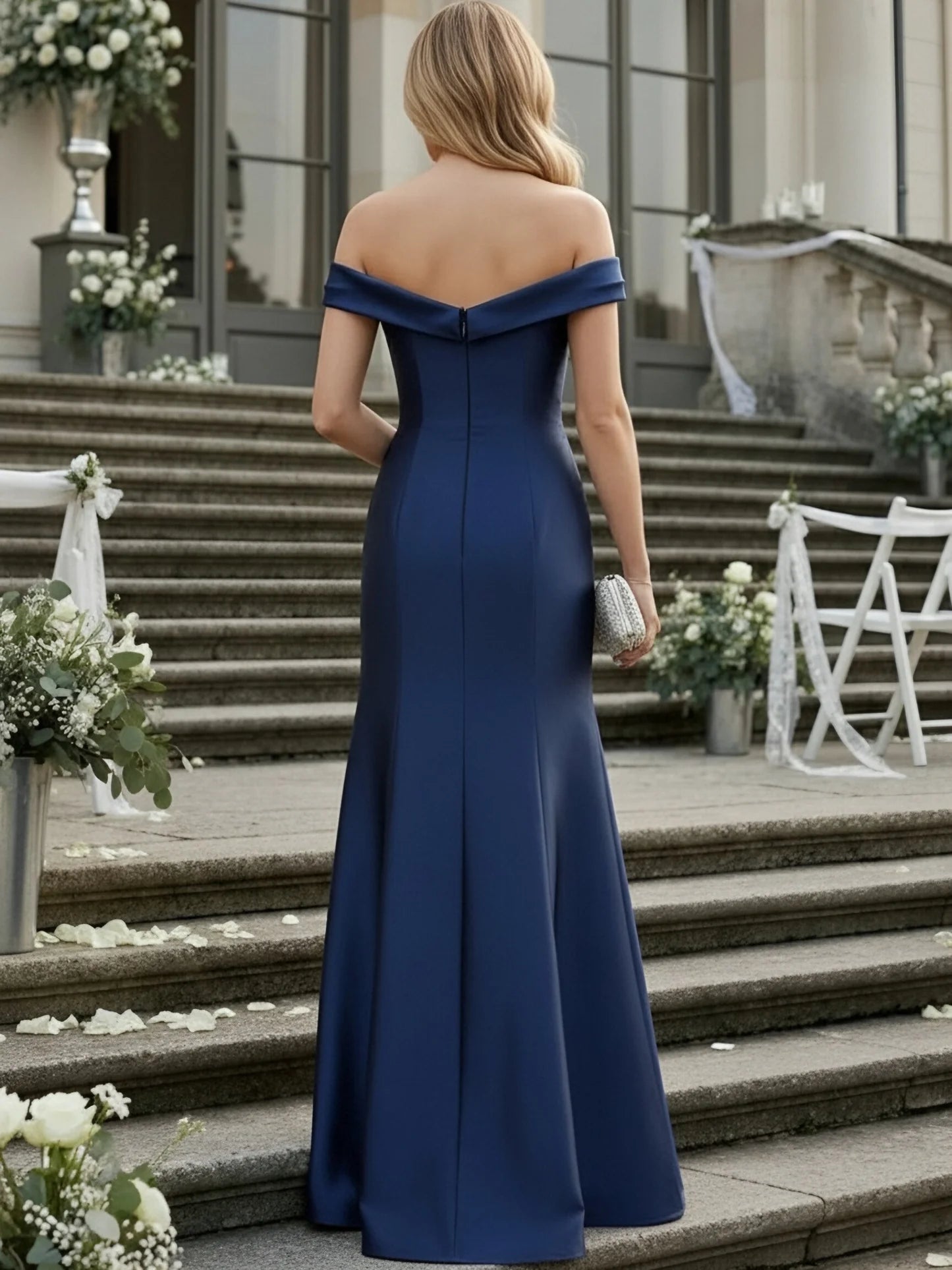 Regal Satin Mermaid Off-Shoulder Fold-Over High-Slit Floor-Length Evening Dress