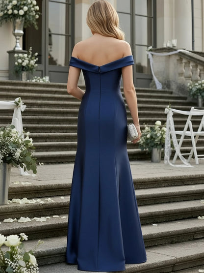 Regal Satin Mermaid Off-Shoulder Fold-Over High-Slit Floor-Length Evening Dress