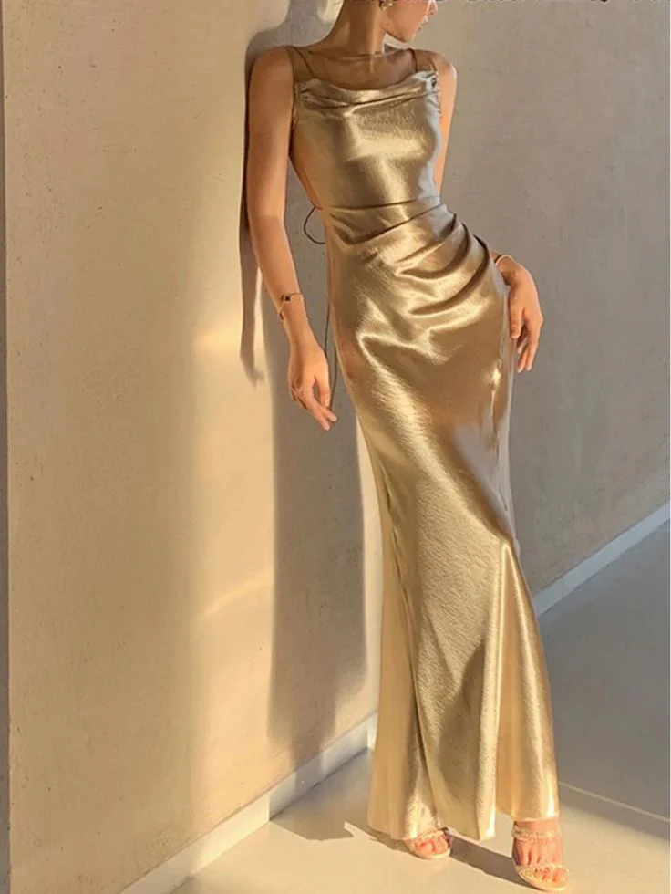 Regal Satin Mermaid Cowl-Neck Slip Lace-Up Floor-Length Prom Dress