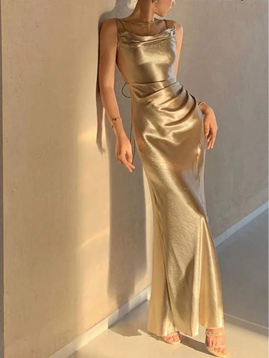 Regal Satin Slip Cowl-Neck Lace-Up-Back Floor Length Prom Dress
