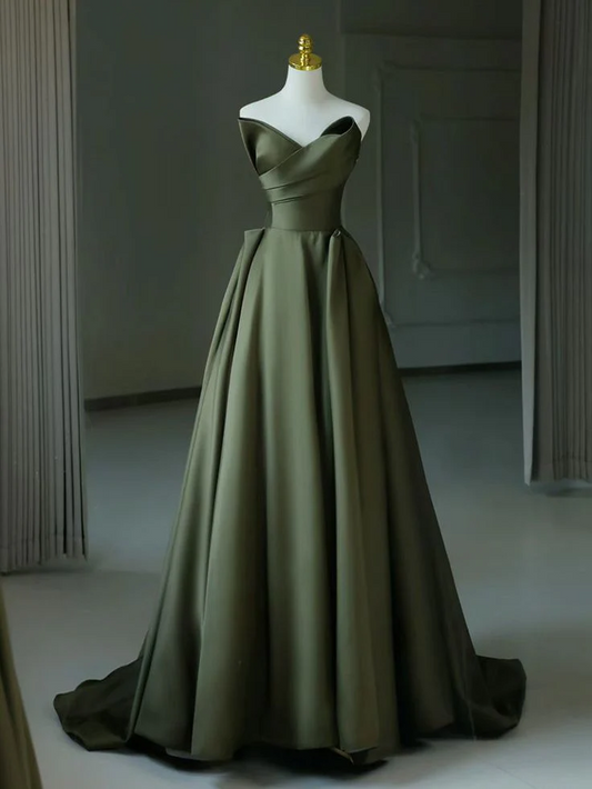 Regal Satin Strapless A-Line Pleated-Bodice Lace-Up-Back Floor Length Prom Dress
