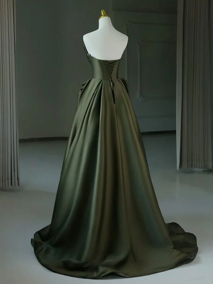 Glamorous Satin A-Line Strapless Pleated Bodice Lace-Up Back Prom Dress