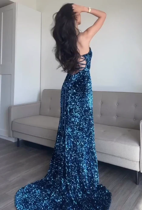 Regal Sequin Velvet Mermaid Strapless Lace-Up Floor-Length Prom Gown