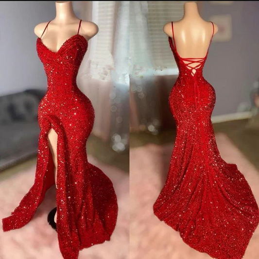 Regal Sequin Mermaid Sweetheart-Neck Lace-Up-Back High-Slit Floor Length Prom Dress