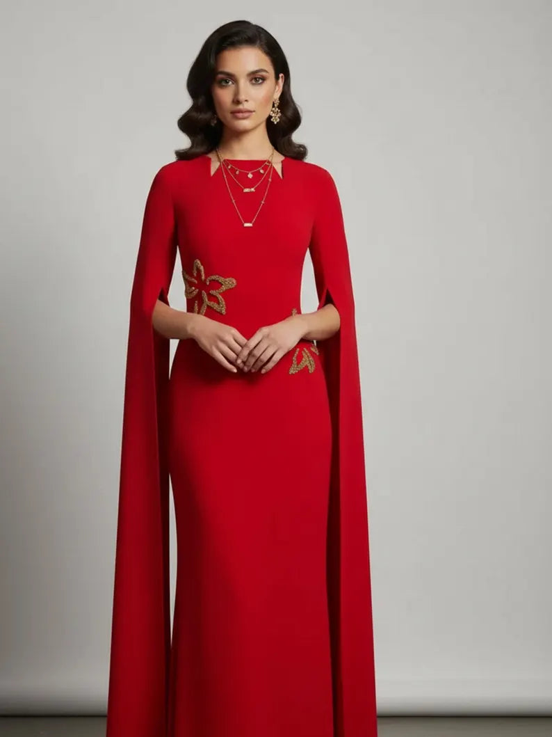 Regal Sheath Crew Neck Cape Sleeve Beaded Floral Applique Floor-Length Evening Dress