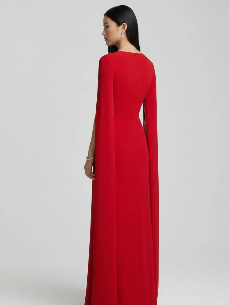 Regal Sheath Crew Neck Cape Sleeve Beaded Floral Applique Floor-Length Evening Dress