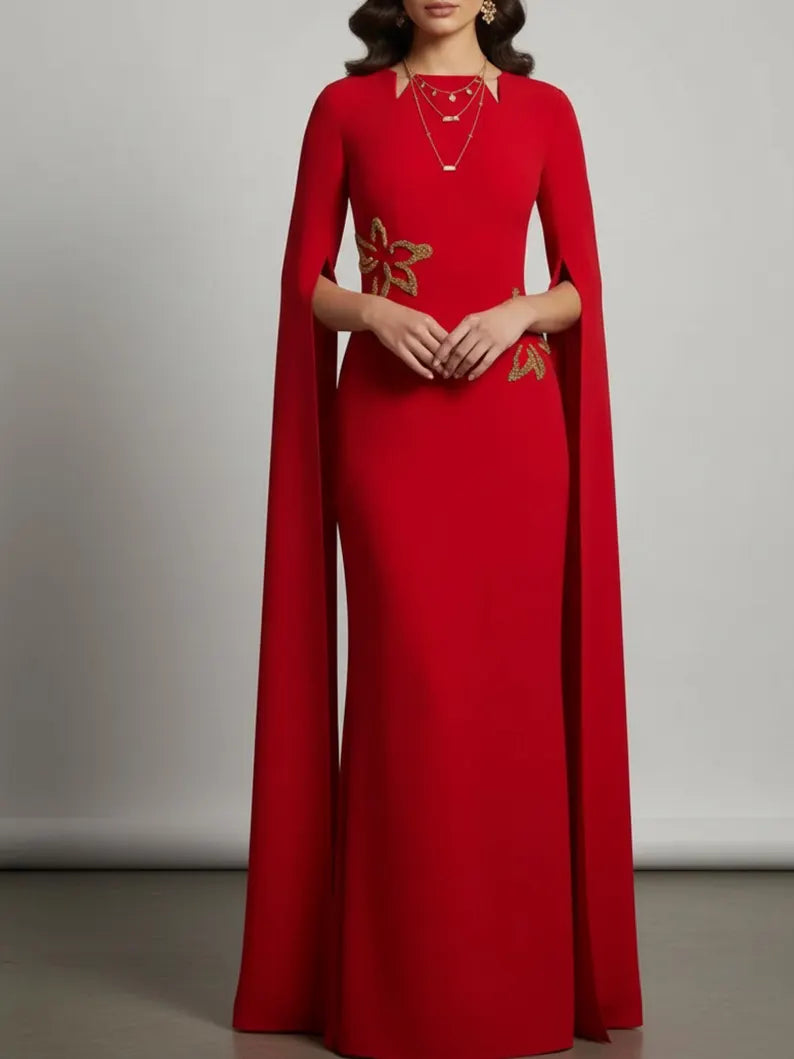 Regal Sheath Crew Neck Cape Sleeve Beaded Floral Applique Floor-Length Evening Dress