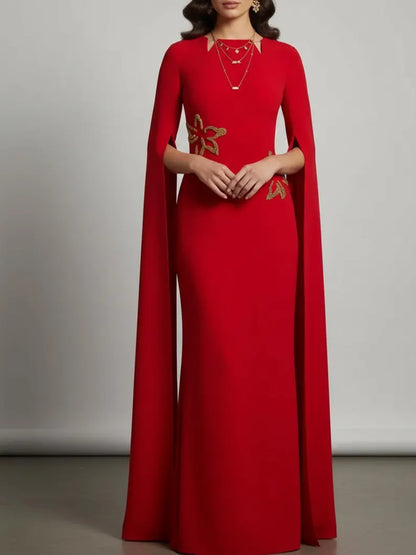 Regal Sheath Crew Neck Cape Sleeve Beaded Floral Applique Floor-Length Evening Dress