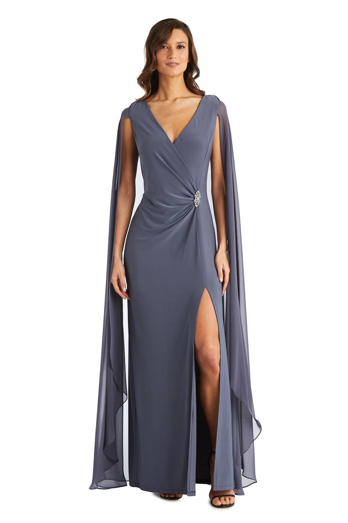 Regal V-Neck Capelet-Sleeve Embellished Wrap Floor-Length Evening Dresses