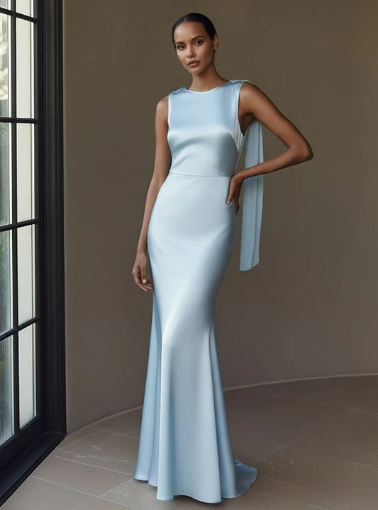 Regal Satin Mermaid Round-Neck Sleeveless Capelet Floor Length Evening Dress
