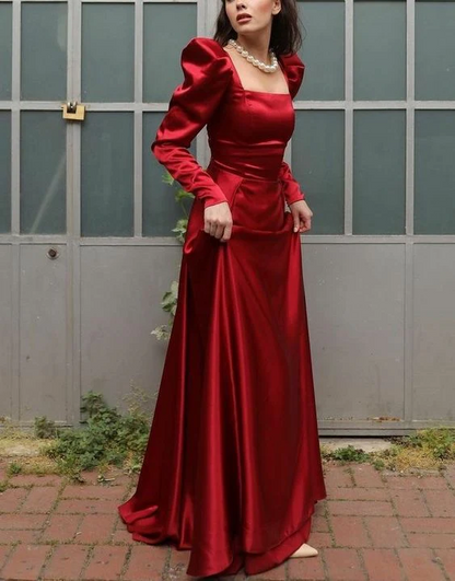 Regal satin A-line square-neck puff-sleeve tie-back floor-length prom dresses
