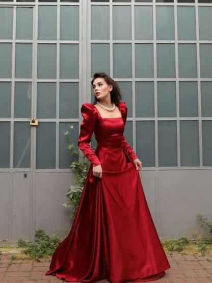 Regal satin A-line square-neck puff-sleeve tie-back floor-length prom dresses
