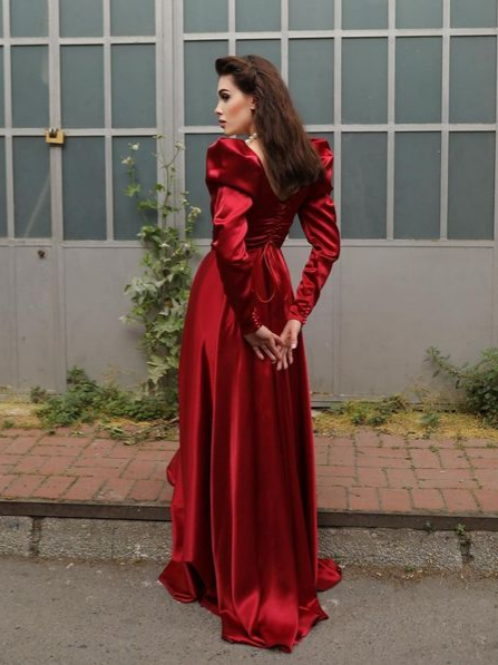 Regal satin A-line square-neck puff-sleeve tie-back floor-length prom dresses
