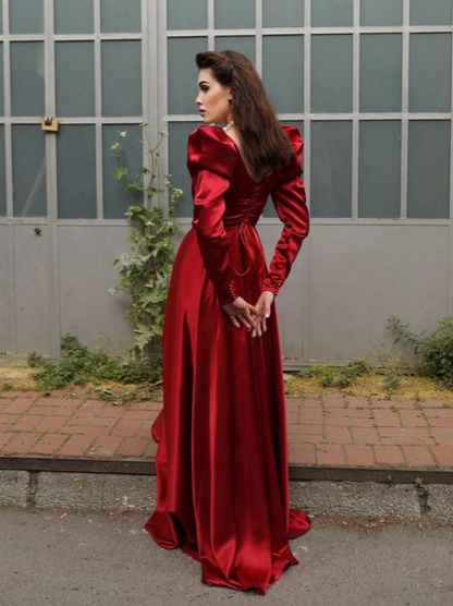 Regal satin A-line square-neck puff-sleeve tie-back floor-length prom dresses