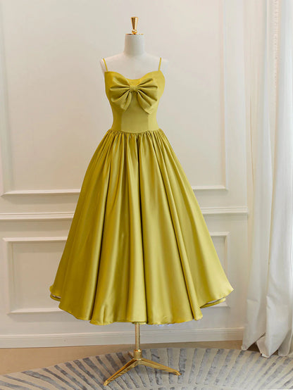 Retro A-Line Spaghetti Strap Bow Accent Tea Length Satin Prom Dress