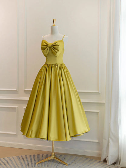 Retro A-Line Spaghetti Strap Bow Accent Tea Length Satin Prom Dress