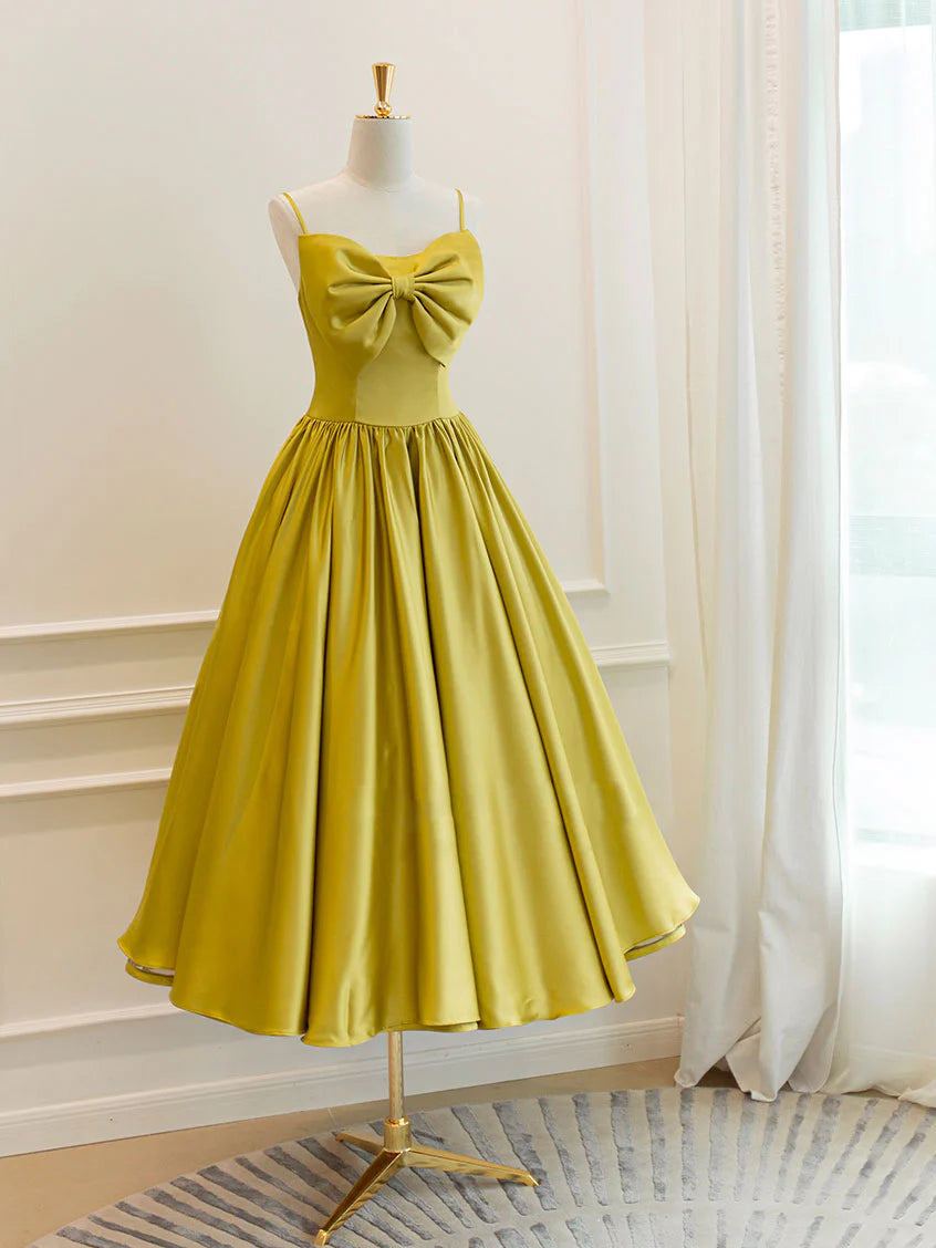 Retro A-Line Spaghetti Strap Bow Accent Tea Length Satin Prom Dress