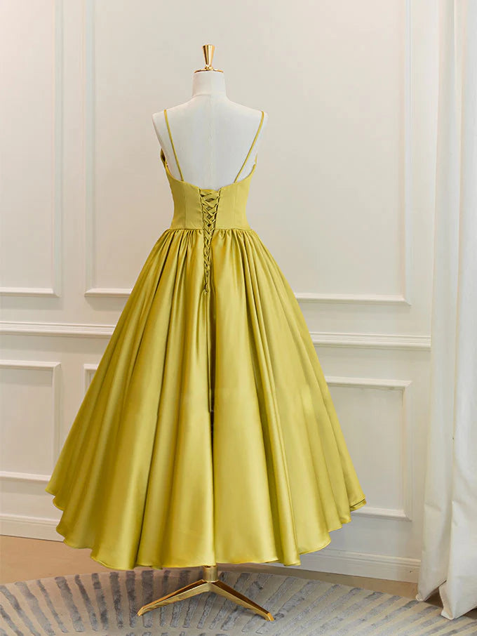 Retro A-Line Spaghetti Strap Bow Accent Tea Length Satin Prom Dress