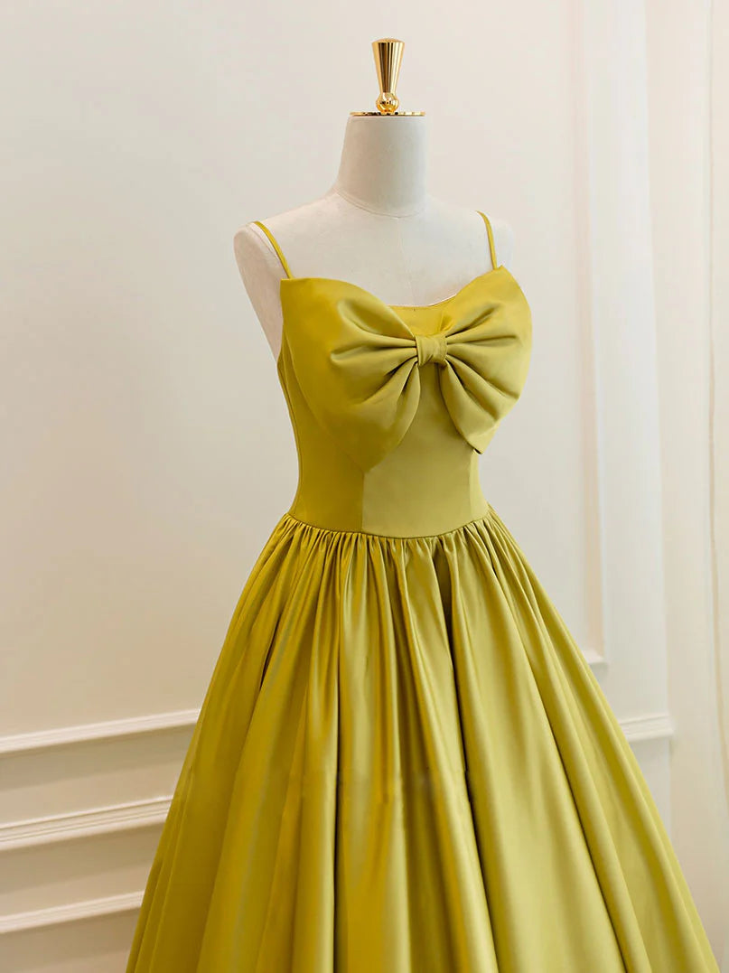 Retro A-Line Spaghetti Strap Bow Accent Tea Length Satin Prom Dress
