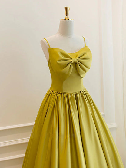 Retro A-Line Spaghetti Strap Bow Accent Tea Length Satin Prom Dress