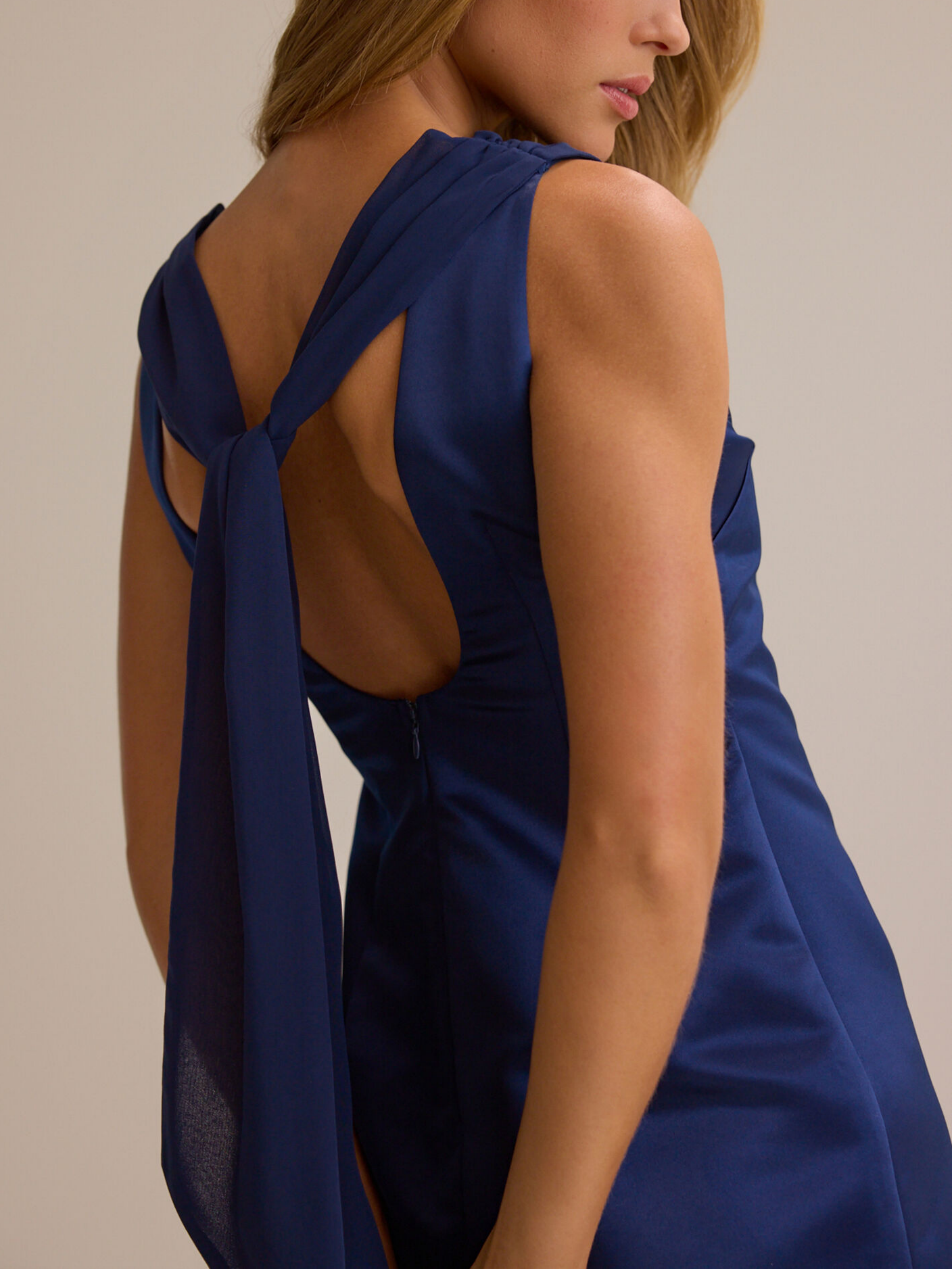 Rich Blue Gloss Satin Cowl Neck Back Tie Drape Sleeveless Straight Mini Homecoming Dresses
