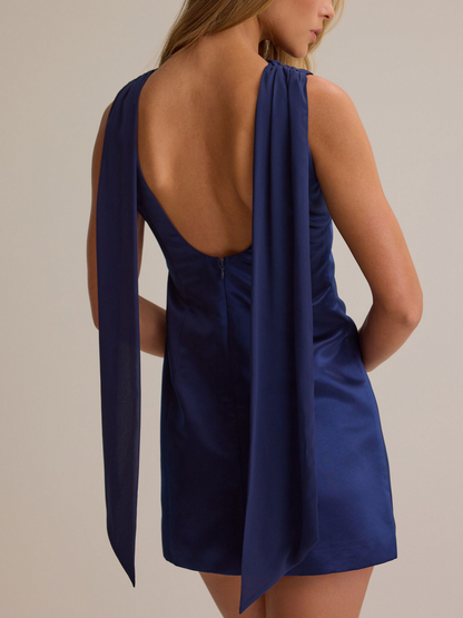 Rich Blue Gloss Satin Cowl Neck Back Tie Drape Sleeveless Straight Mini Homecoming Dresses