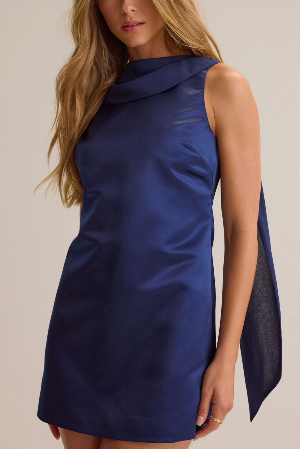 Rich Blue Gloss Satin Cowl Neck Back Tie Drape Sleeveless Straight Mini Homecoming Dresses