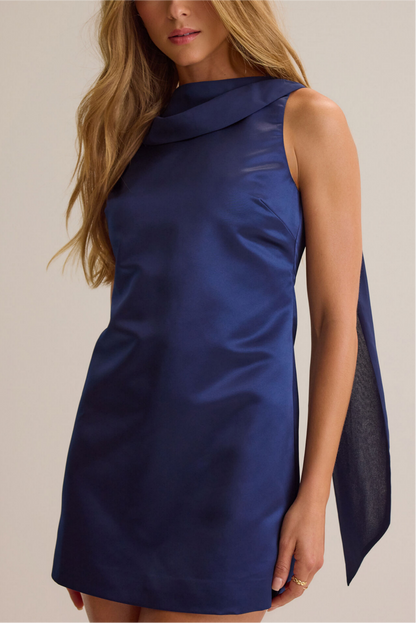 Rich Blue Gloss Satin Cowl Neck Back Tie Drape Sleeveless Straight Mini Homecoming Dresses