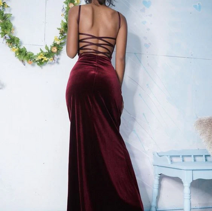 Rich burgundy velvet spaghetti strap crisscross back fitted floor prom dress