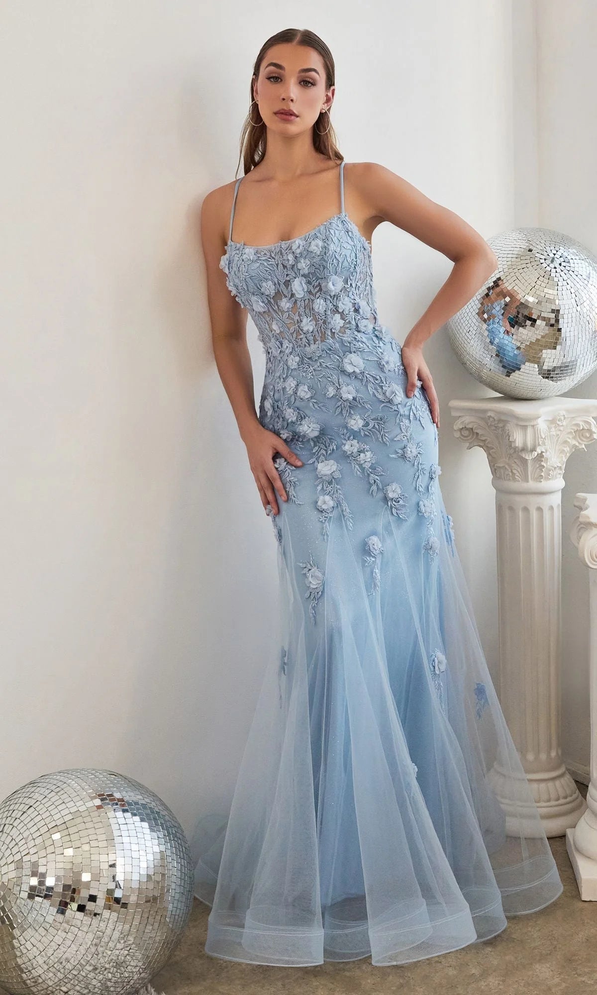 Romantic 3D Floral Mermaid Square Neck Spaghetti Strap Lace-Up Back Floor-Length Evening Dress