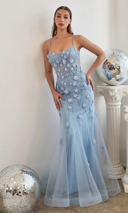 Romantic 3D Floral Mermaid Square Neck Spaghetti Strap Lace-Up Back Floor-Length Evening Dress