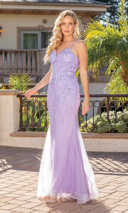 Romantic 3D Floral Mermaid V-Neck Spaghetti Strap Lace-Up Back Floor-Length Evening Dress