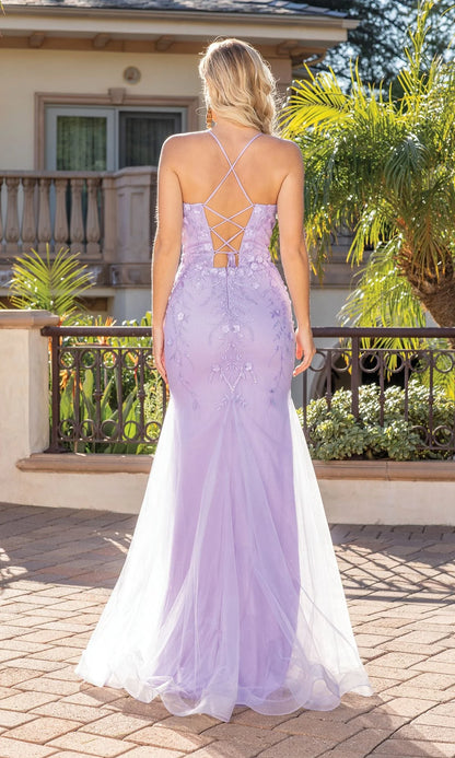 Romantic 3D Floral Mermaid V-Neck Spaghetti Strap Lace-Up Back Floor-Length Evening Dress