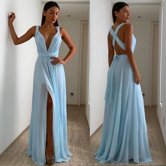 Romantic A-Line Deep V-Neck Sleeveless Crisscross Back High Slit Floor-Length Chiffon Prom Dresses