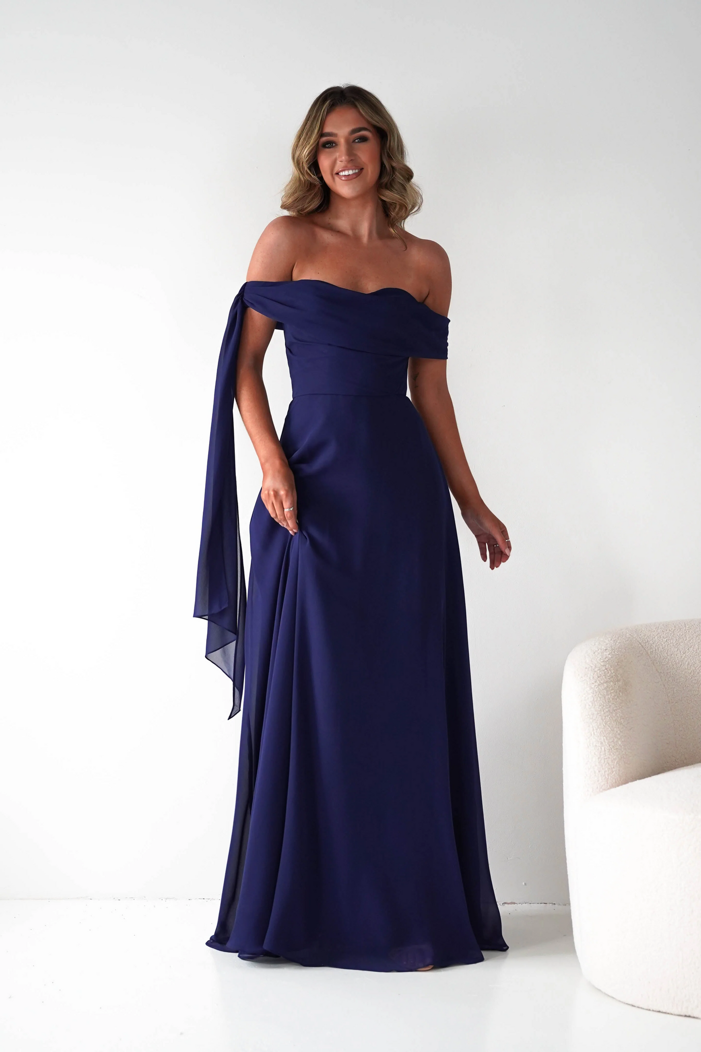 Romantic A-Line Off-The-Shoulder Draped Strap Zipper Back Floor-Length Chiffon Prom Dress