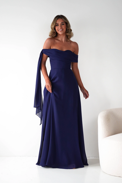 Romantic A-Line Off-The-Shoulder Draped Strap Zipper Back Floor-Length Chiffon Prom Dress