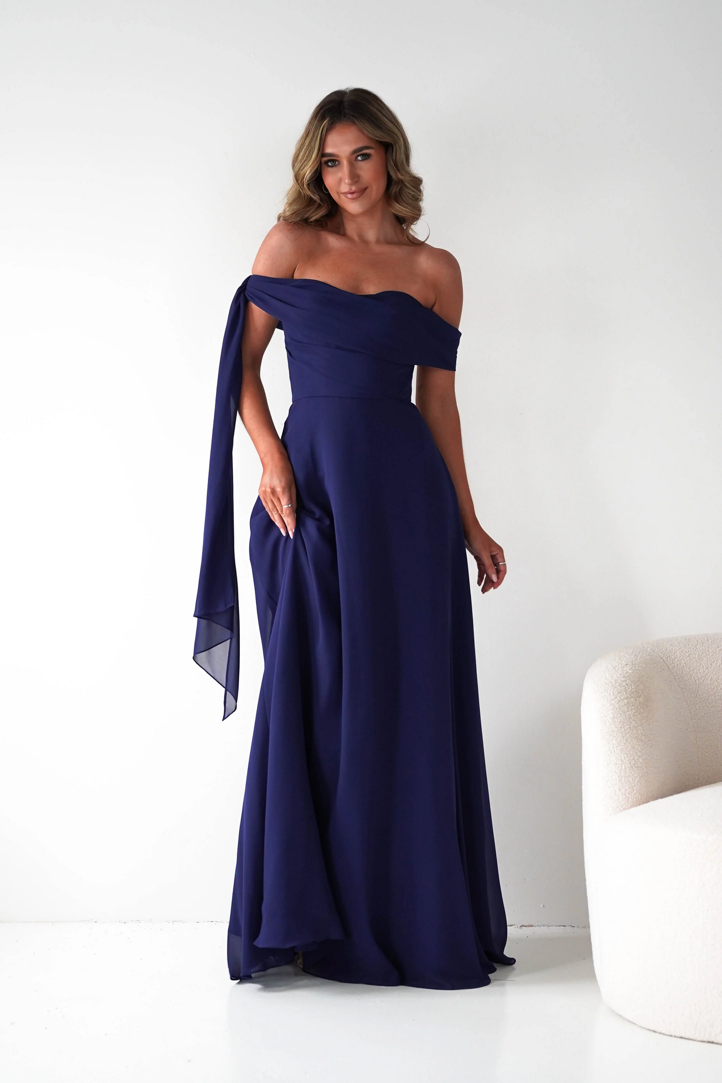 Romantic A-Line Off-The-Shoulder Draped Strap Zipper Back Floor-Length Chiffon Prom Dress